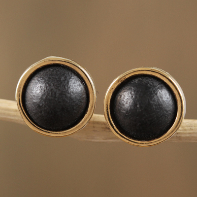Gold accented ceramic stud earrings, 'Barro Negro Domes' - 14k Gold Plated Ceramic Stud Earrings from Mexico