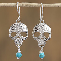 Turquoise and cultured pearl dangle earrings, 'Transmutation' - Taxco Skull Turquoise and Pearl Dangle Earrings from Mexico