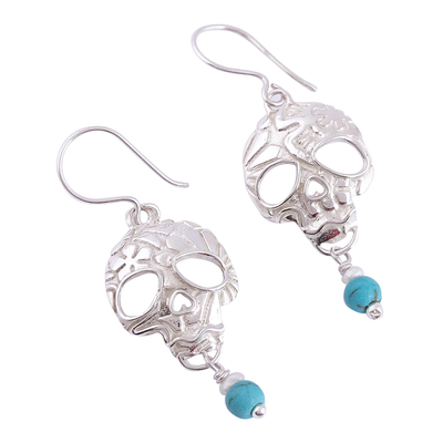 Turquoise and cultured pearl dangle earrings, 'Transmutation' - Taxco Skull Turquoise and Pearl Dangle Earrings from Mexico