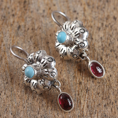 Turquoise and garnet dangle earrings, 'Colorful Blooms' - Floral Turquoise and Garnet Dangle Earrings from Mexico