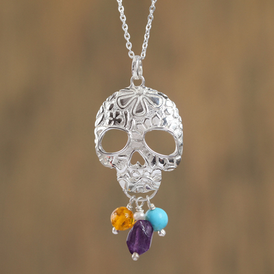 Multi-gemstone pendant necklace, 'Sweet Life' - Multi-Gemstone Skull Pendant Necklace from Mexico