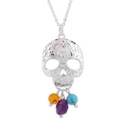 Multi-gemstone pendant necklace, 'Sweet Life' - Multi-Gemstone Skull Pendant Necklace from Mexico