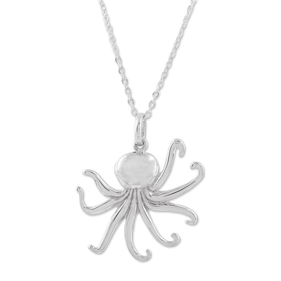 Sterling silver pendant necklace, 'Beneath the Waves' - Sterling Silver Octopus Pendant Necklace from Mexico