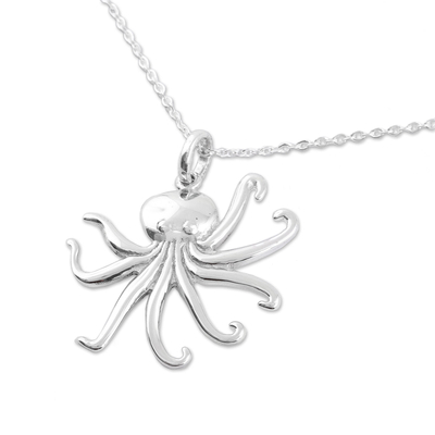 Sterling Silber Anhänger Halskette "Unter den Wellen" - Sterlingsilber-Halskette mit Oktopus-Anhänger aus Mexiko