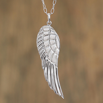 Sterling silver pendant necklace, 'Gabriel's Wing' - Taxco Sterling Silver Wing Pendant Necklace from Mexico