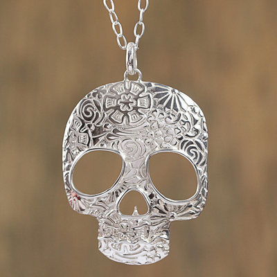 Sterling silver pendant necklace, 'Complex Skull' - Taxco Sterling Silver Skull Pendant Necklace from Mexico