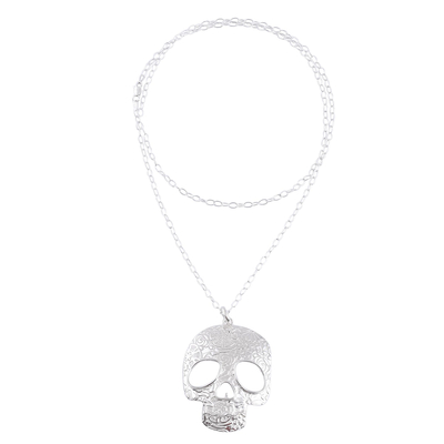 Sterling silver pendant necklace, 'Complex Skull' - Taxco Sterling Silver Skull Pendant Necklace from Mexico