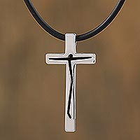 Mens sterling silver pendant necklace, Simple Crucifix