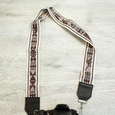 Leather accented cotton lanyard, 'Pre-Hispanic Flint' - Leather Accent Cotton Lanyard in Flint and Bone from Mexico
