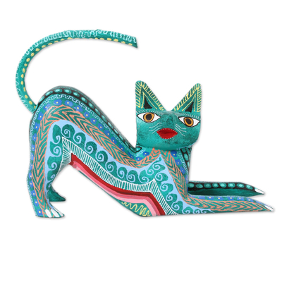 Wood alebrije figurine, 'Cat Stretch' - Wood Alebrije Figurine Cat in Green from Mexico