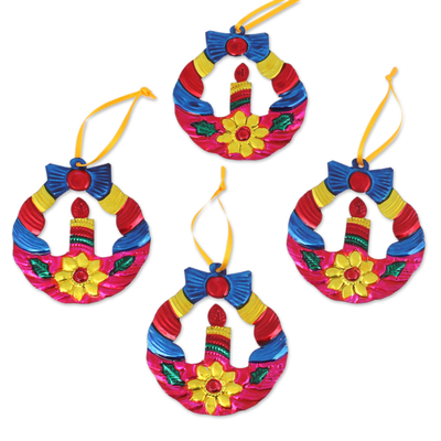 Tin ornaments, 'Candlelit Wreaths' (set of 4) - Hammered Tin Wreath Ornaments from Mexico (Set of 4)