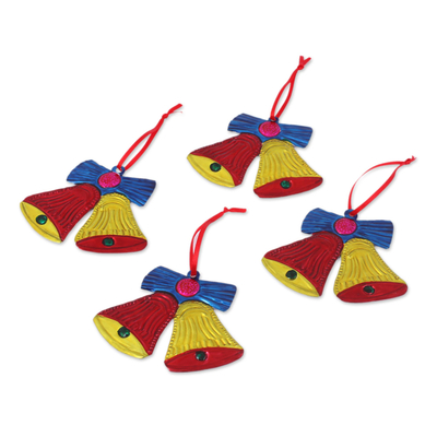 Tin ornaments, 'Lovely Red and Yellow Bells ' (set of 4) - Tin Bell Ornaments in Red and Yellow from Mexico (Set of 4)