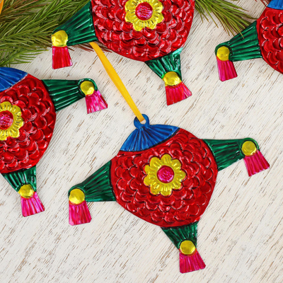 Stamped tin ornaments, 'Scarlet Piñatas' (Set of 4) - Colorful Red Piñata Embossed Tin Ornaments (Set of 4)