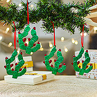 Stamped tin ornaments, 'Holiday Cacti' (set of 4) - Tin Cactus Ornaments from Mexico (Set of 4)