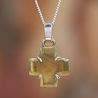 Amber pendant necklace, 'Square Cross' - Natural Amber Cross Pendant Necklace from Mexico