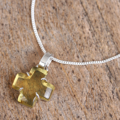 Amber pendant necklace, 'Square Cross' - Natural Amber Cross Pendant Necklace from Mexico