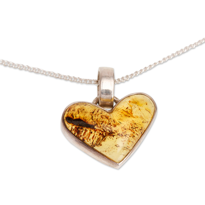 Amber pendant necklace, 'Unique Love' - Heart-Shaped Amber Pendant Necklace from Mexico