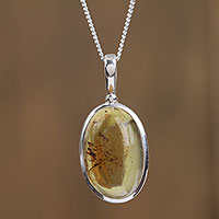 Amber pendant necklace, 'Natural Mirror' - Oval Amber Pendant Necklace from Mexico