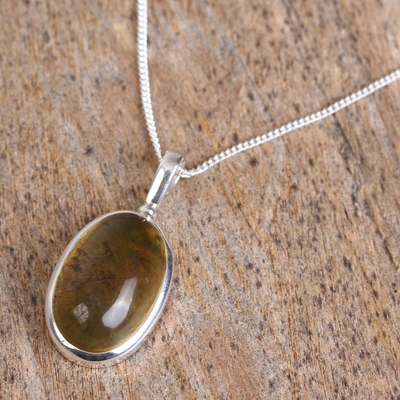 Amber pendant necklace, 'Natural Mirror' - Oval Amber Pendant Necklace from Mexico