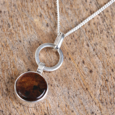 Amber pendant necklace, 'Contemporary Flair' - Round Amber Pendant Necklace from Mexico