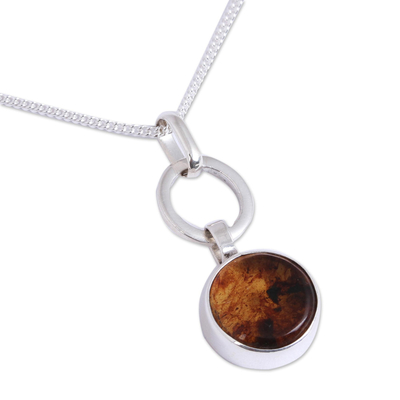 Amber pendant necklace, 'Contemporary Flair' - Round Amber Pendant Necklace from Mexico