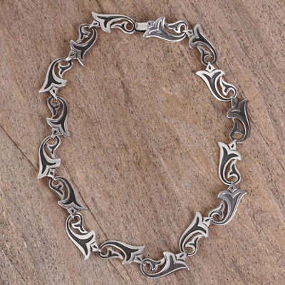 Sterling silver link necklace, 'Trumpets' - Sterling Silver Trumpet Flower Link Necklace from Mexico