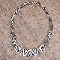 Sterling silver link necklace, 'Wavy Labyrinth'