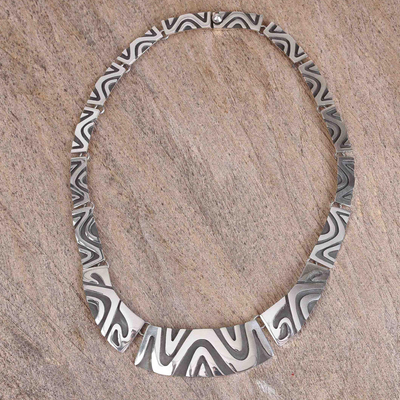 Sterling silver link necklace, 'Wavy Labyrinth' - Modern Taxco Sterling Silver Link Necklace from Mexico