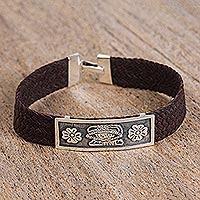 Mens sterling silver and leather pendant bracelet, Day of the Dead Style