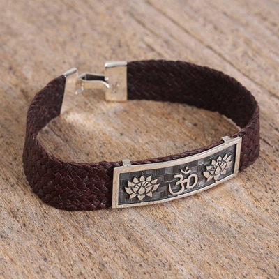 Men's sterling silver and leather pendant bracelet, 'Om Lotus' - Men's Sterling Silver and Leather Om Bracelet from Mexico