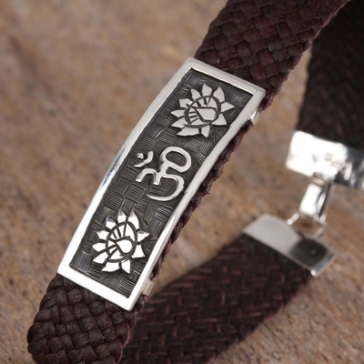 Men's sterling silver and leather pendant bracelet, 'Om Lotus' - Men's Sterling Silver and Leather Om Bracelet from Mexico