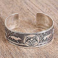 Sterling silver cuff bracelet, 'Lunar Wolves' - Taxco Sterling Silver Wolf Cuff Bracelet from Mexico