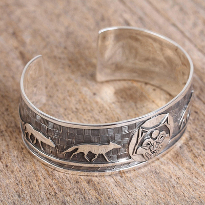 Sterling silver cuff bracelet, 'Lunar Wolves' - Taxco Sterling Silver Wolf Cuff Bracelet from Mexico