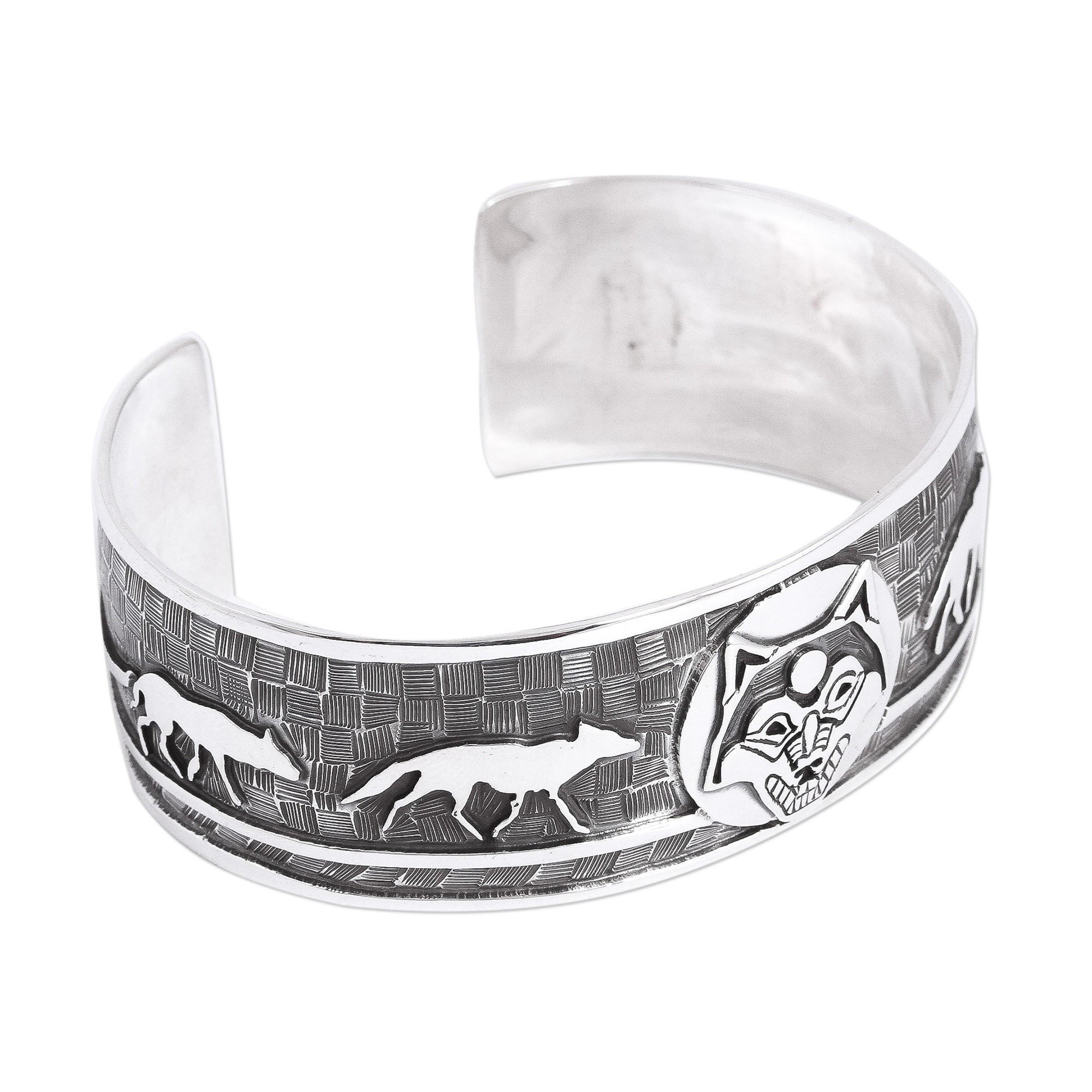 UNICEF Market Taxco Sterling Silver Wolf Cuff Bracelet from Mexico Lunar Wolves