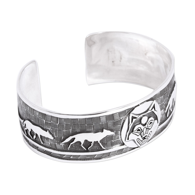 Sterling silver cuff bracelet, 'Lunar Wolves' - Taxco Sterling Silver Wolf Cuff Bracelet from Mexico