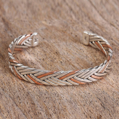 Sterling silver and copper cuff bracelet, 'Taxco Braid' - Braid Motif Taxco Sterling Silver Cuff Bracelet from Mexico