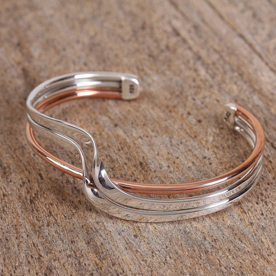 Sterling silver and copper cuff bracelet, 'Copper Stream' - Sterling Silver and Copper Cuff Bracelet from Mexico