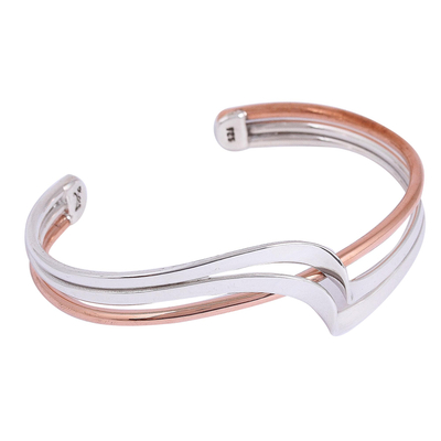 Sterling silver and copper cuff bracelet, 'Copper Stream' - Sterling Silver and Copper Cuff Bracelet from Mexico