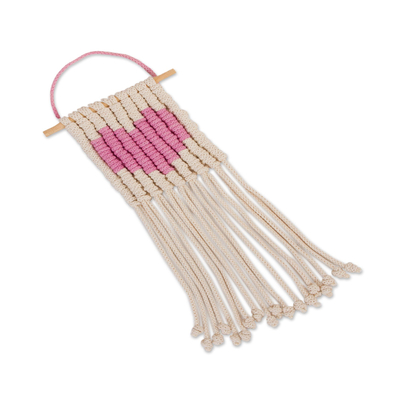 Cotton wall hanging, 'Loving Vibe in Carnation' - Heart Motif Cotton Wall Hanging in Carnation from Mexico