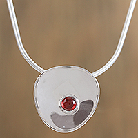 Garnet pendant necklace, 'Parabolic Form' - Taxco Silver Modern Garnet Pendant Necklace from Mexico