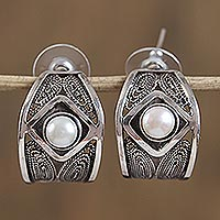 Cultured pearl filigree half-hoop earrings, 'Taxco Glow' - Cultured Pearl Filigree Half-Hoop Earrings from Mexico