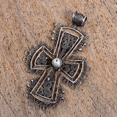 Sterling silver filigree pendant, Dark Taxco Cross