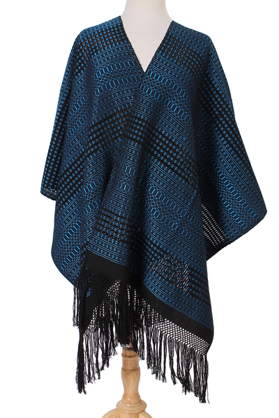 Zapotec cotton rebozo shawl, 'Turquoise Dimension' - Handwoven Cotton Rebozo Shawl in Turquoise from Mexico