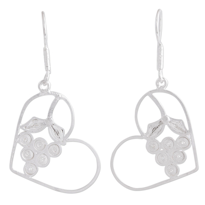 Heart and Grape Motif Silver Filigree Dangle Earrings