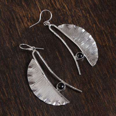 Obsidian dangle earrings, 'Modern Windy Leaves' - Modern Taxco Obsidian Dangle Earrings from Mexico