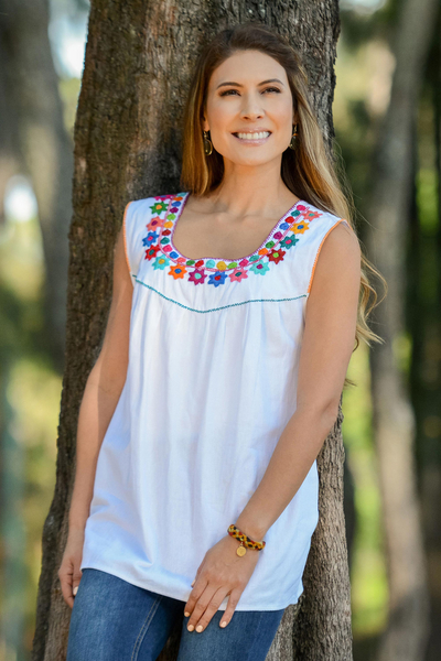 White with Colorful Embroidery Cotton Sleeveless Blouse - Daisy Daydream |  NOVICA