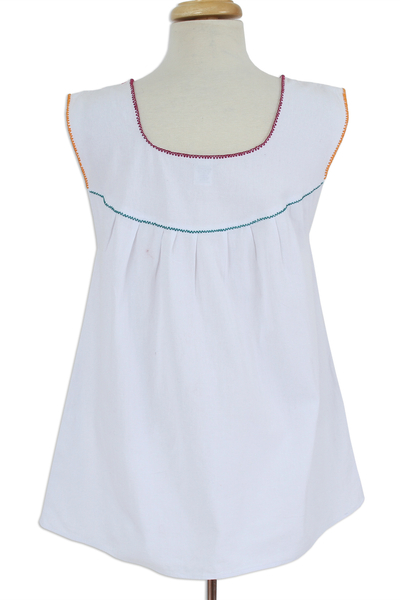 Sleeveless cotton blouse, 'Daisy Daydream' - White with Colorful Embroidery Cotton Sleeveless Blouse