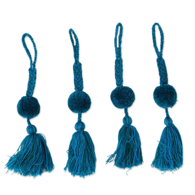 Cotton pompom tassels, 'Flowing Waters' (set of 4) - Handcrafted Blue and Green Cotton Pompom Tassels (Set of 4)
