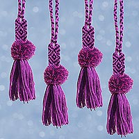 Cotton pompom tassels, 'Very Berry' (set of 4) - Handcrafted Purple Cotton Pompom Tassels (Set of 4)