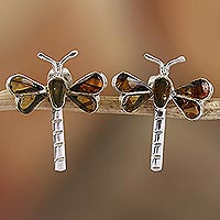 Amber drop earrings, 'Age-Old Dragonflies'